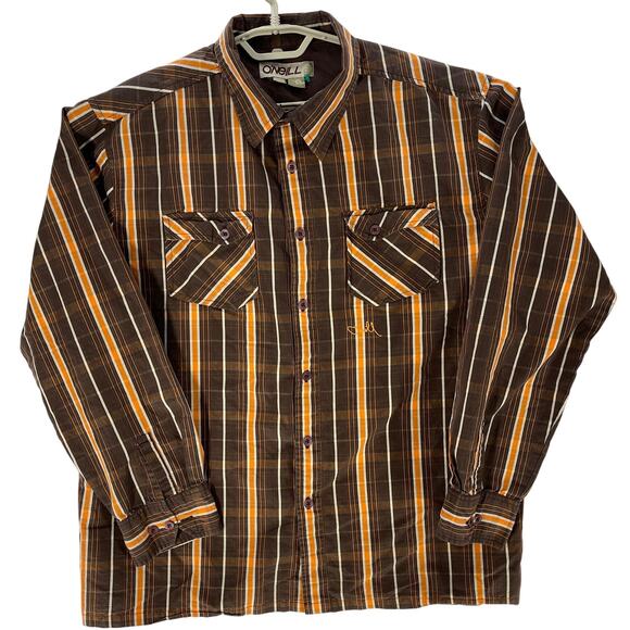 ONeill Shirt XL Brown Orange Plaid Button Up Long Sleeves Cotton Blend Vintage - Picture 2 of 7